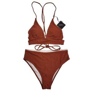 Zaful Rust Textured Bikini Set Lace Trim High-Waisted Bottoms Tie-Back Top Size